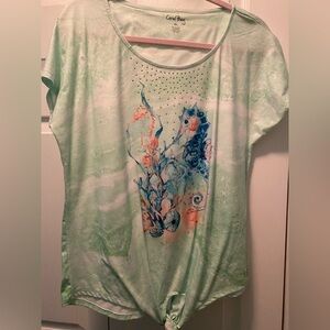 Coral Bay Seahorse Top XL Green,Blue,Coral tie front short sleeve